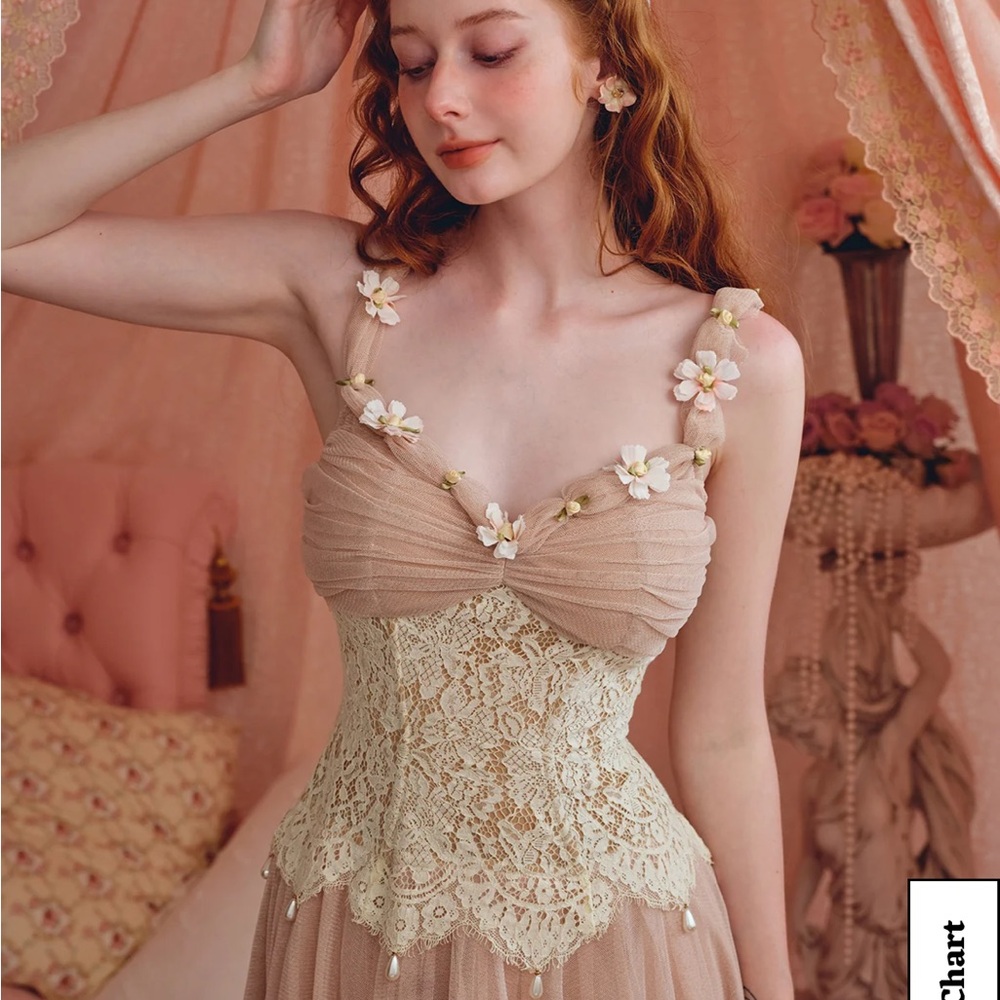 Delicate Flower-Embellished Lace Corset Dress in Blush